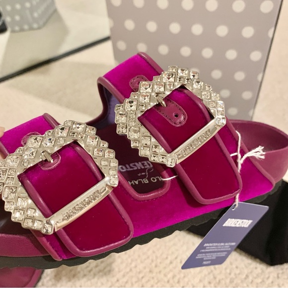 Fuchsia Pink Purple Arizona Crystal Buckle Velvet 2-Band Sandals - Picture 6 of 13